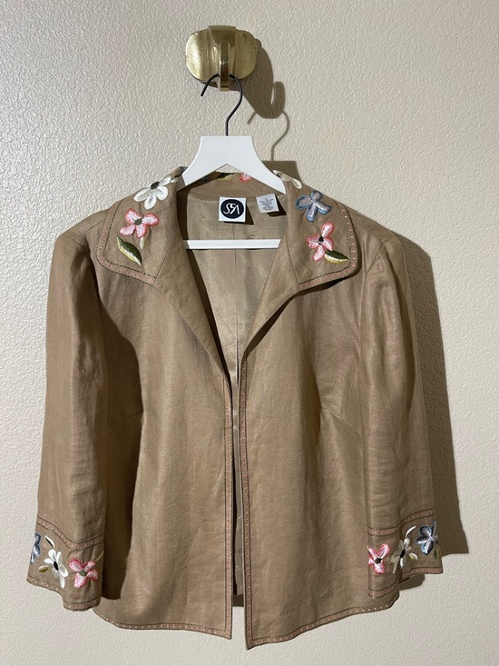 Saks Fifth Avenue Jackets & Blazers - Saks Fifth Avenue Tan Embroidered Collar & Cuff Jacket